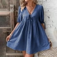 thumbnail image 7 of Htigea Women's Babydoll Short Dresses Summer V Neck Tie Front Mini Dress Flowy Puff Sleeve A-Line Dresses for Casual & Daily Blue M, 7 of 7