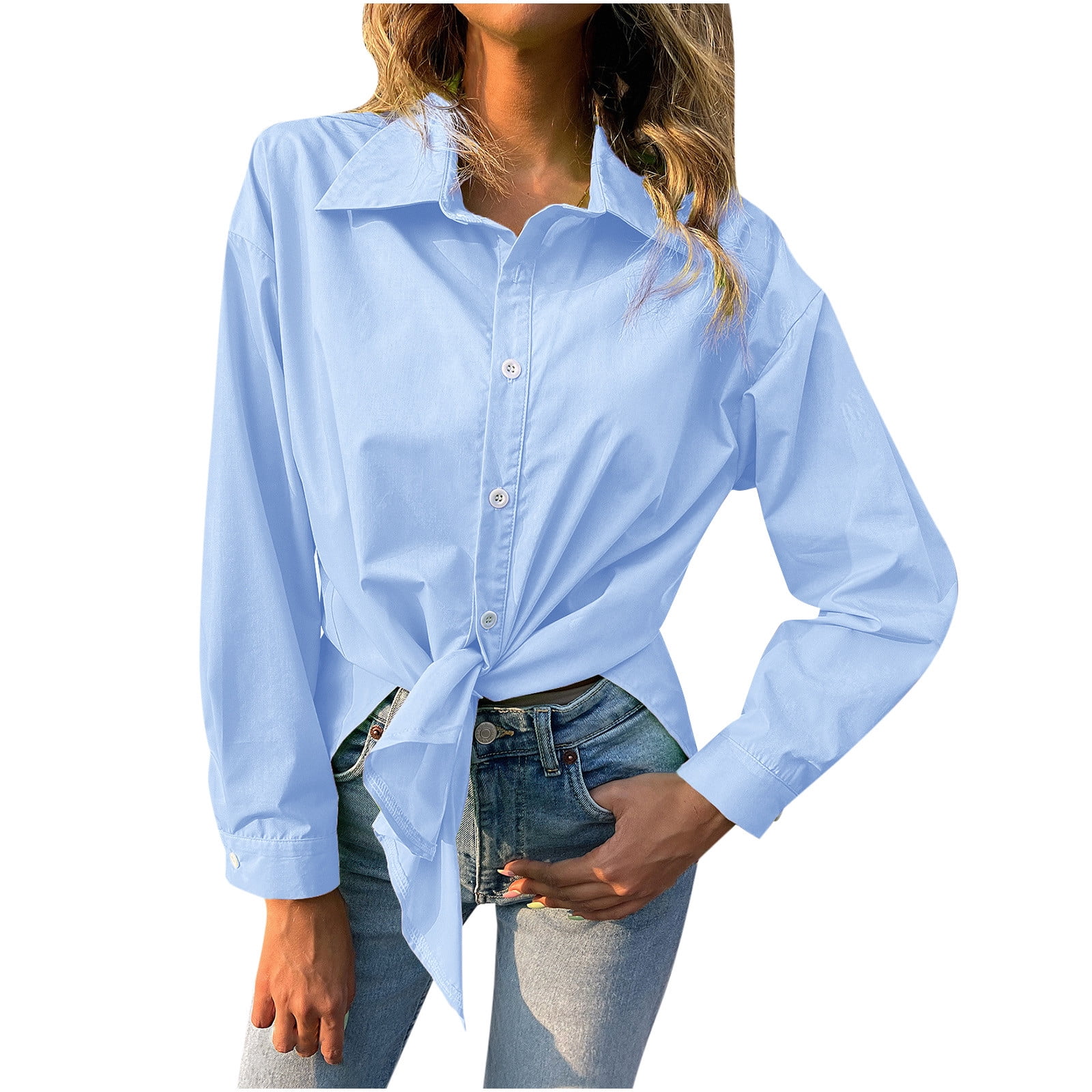JWZUY Women Solid Color Shirts Casual Long Sleeve V Neck Shirt