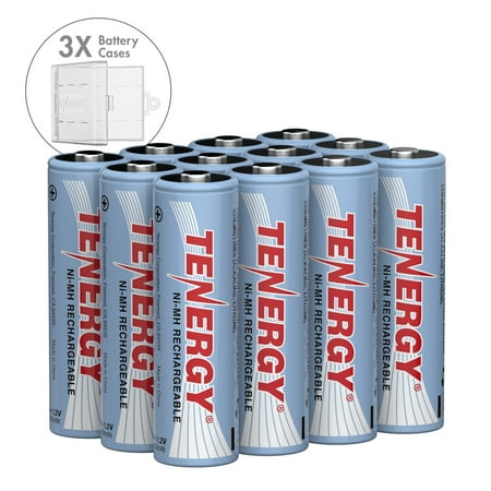 Combo: 12 pcs Tenergy AA 2500mAh NiMH Rechargeable Batteries + 3 Cases