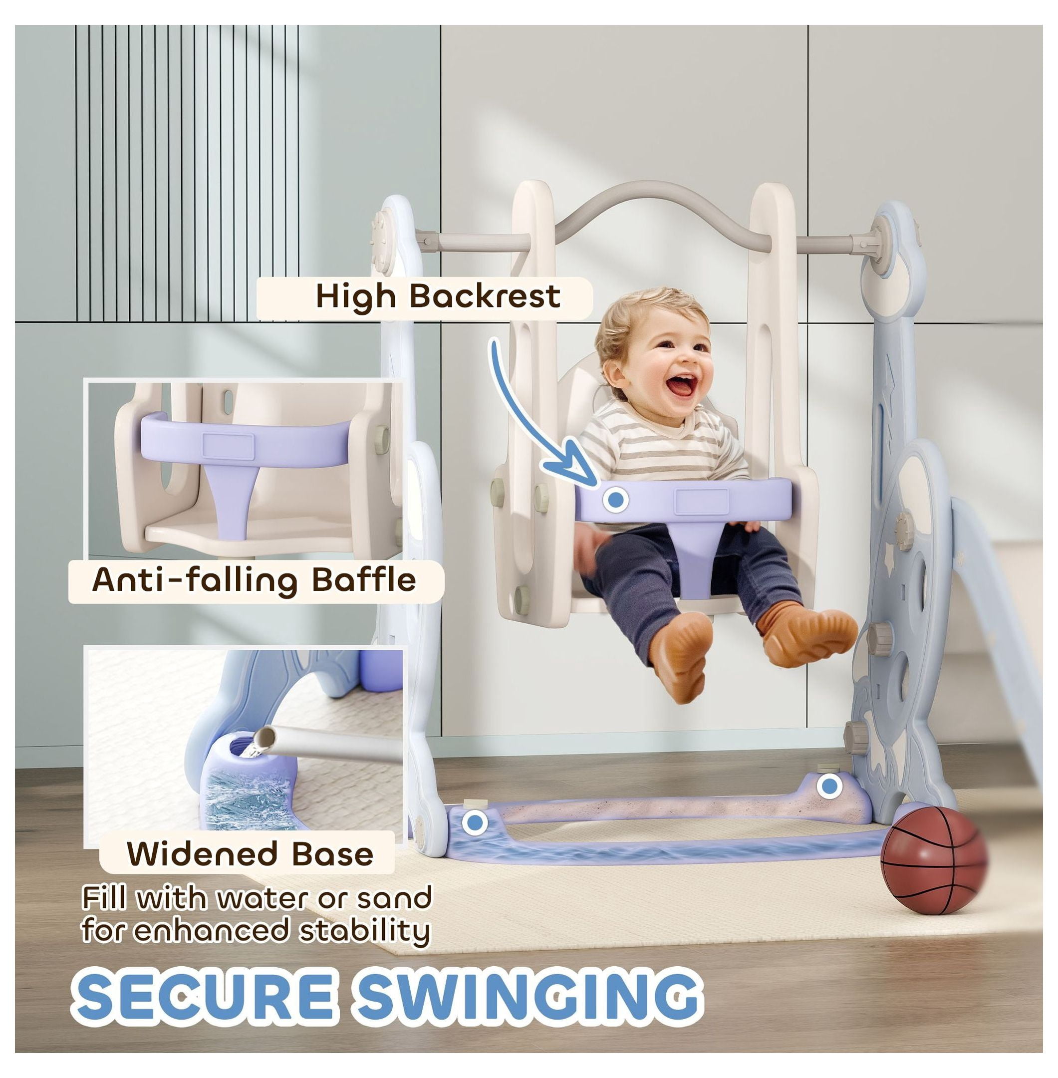 Toddler 4-in-1 Swing Set & Slide - Indoor Playground for 1.5-4 Year Olds - Light Blue - Rocket Design with Climber & Basketball Hoop