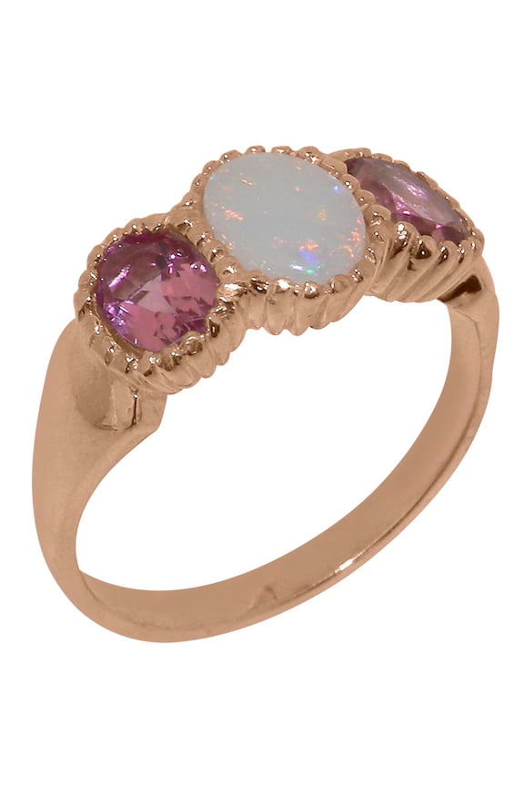 LBG British Made 18k Rose Gold Ring with Natural Opal & Pink Tourmaline Womens Anniversary Ring - 33 size options - Size 4