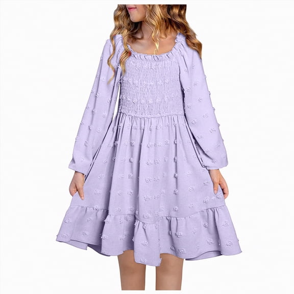 mgoYE 2t Girl Dress Easter Girls Long Sleeve Dress Dot Square Neck Smocked Spring Fall Dresses(Purple,4-5 Years)