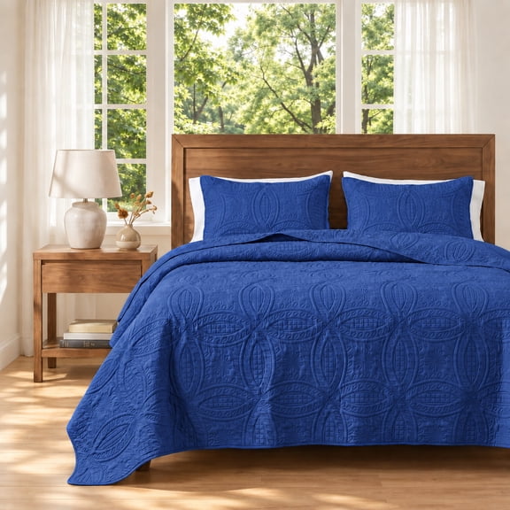 Bohemian Embossed Quilted Coverlet Set(Dark Blue,2 Pcs:Twin(68"*90"))
