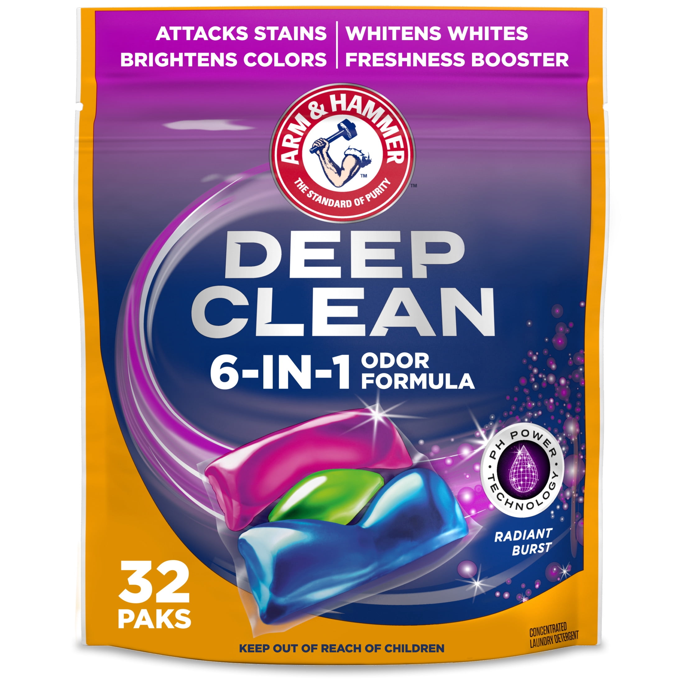 (4 pack) ARM & HAMMER Deep Clean Odor Formula Detergent Power Paks, Radiant Burst, 32 Count