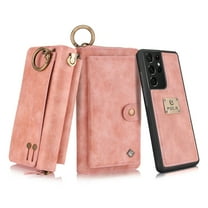 Dteck Galaxy S21 Wallet Case, Leather Zipper Purse Large Capacity 14 Card Slots [Magnetic Closure] 2 in 1 Detachable Magnetic Phone Cover with Wrist Band for Samsung Galaxy S21, Pink