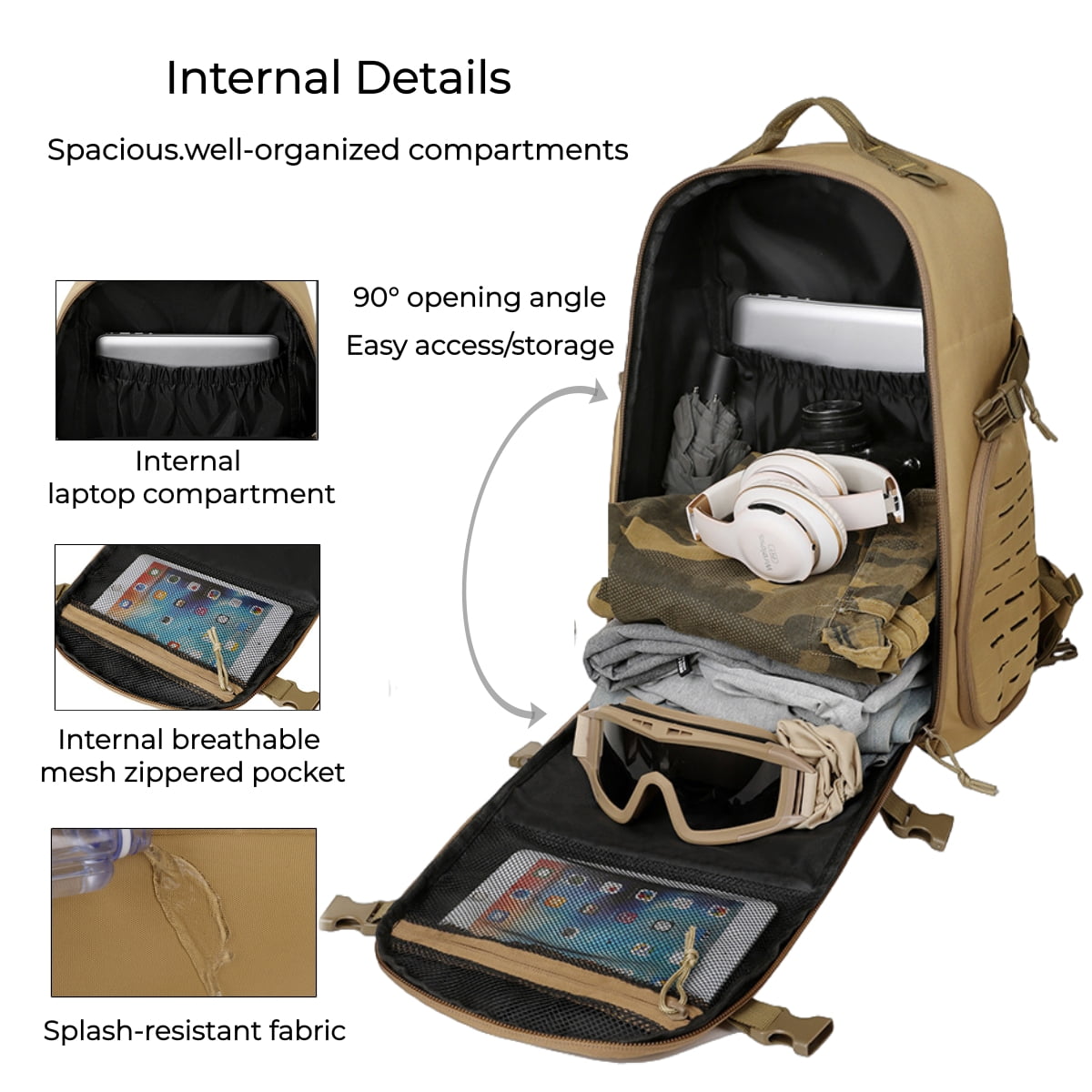 15.6 Inch Laptop Backpack - Large Capacity Outdoor Rucksack with MOLLE Webbing, Compass, Flag Patch, Survival Whistle,TYPE-C Outdoor Fire Starter (Hiking Camping Daily Commute)
