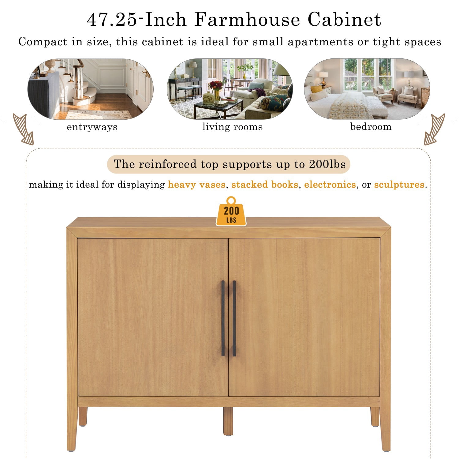 47.25" Farmhouse Sideboard Buffet Cabinet with Storage, 2 Door Wooden Coffee Bar Cabinet with Pine Veneer and Metal Handles for Kitchen, Living Room, Entryway, Natural