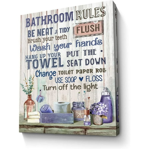 Bathroom Decor Canvas Wall Art Rustic Bathroom Rules Sign Picture Purple Bathroom Wall Decor Painting Framed Modern Artwork for Bathroom Toilet LaundryRoom Decor 12x16 inch