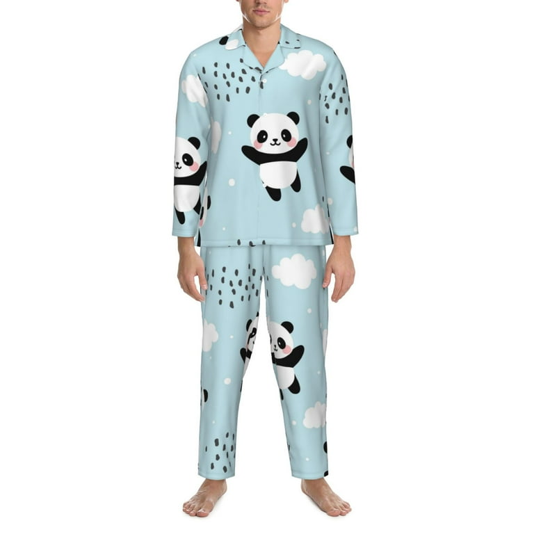 Gaeub Cute Panda Bear Print Mens Pajama Set, Long Sleeve Pajamas