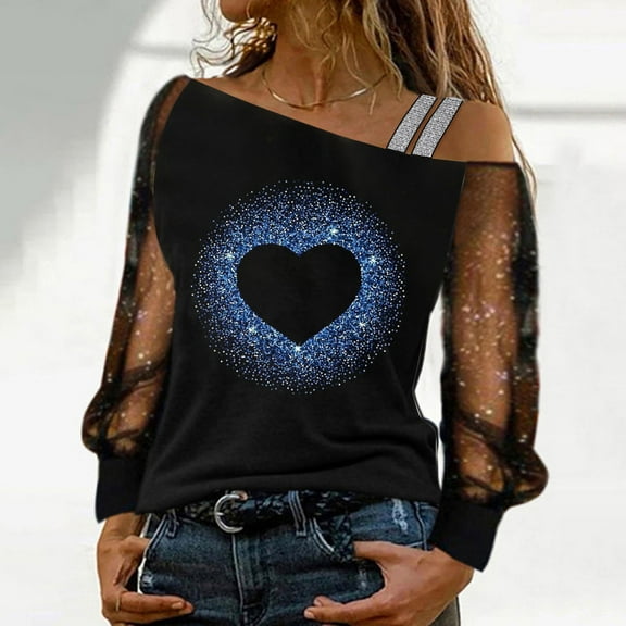 Baqcunre Valentine'S Day Shirts For Women Love Fine Glitter Printed Mesh Long Sleeved Patchwork Top(Blue S-XXL),Long Sleeve Shirts For Women Graphic Tees Holiday Tops For Women 2023 Womens Tops