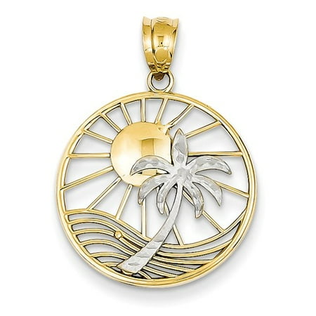14K Two Tone Gold Sun & Palm Tree Pendant