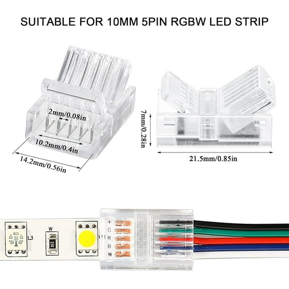 DASAW-10 Pack 5 Pin RGBW LED Strip Connector Kit 10 mm Solderless LED Light Connector Waterproof Transparent Track Lighting Connectors Include 16.4 Feet Light Strip Extension Cable with Screwdriver