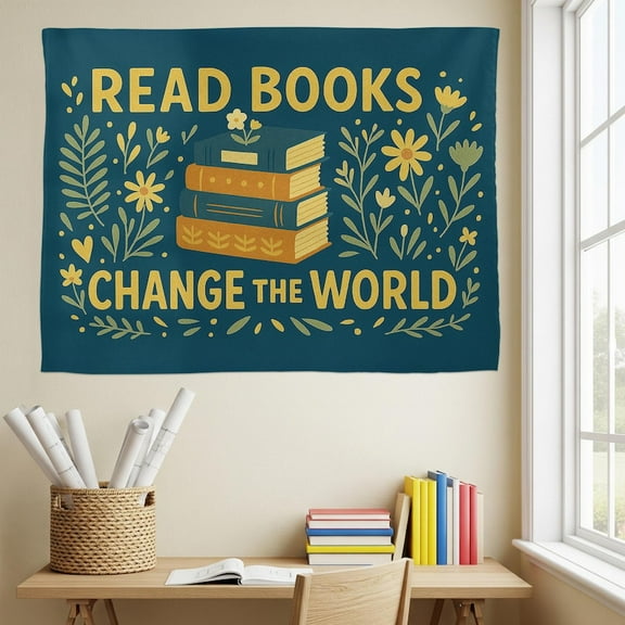 ViciArt Read Books Change the World Tapestry, 30x40 in, Blue & Yellow Polyester Wall Hanging, Inspirational Book Lover Decor