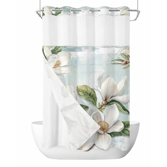 No Hook Cloth Fabric Shower Curtain with Snap in Liner, White Floral Waterproof Shower Curtains Set with See Through Top Window, Pastoral Farmhouse Magnolia Flowers Leaves Bath Curtains 36"x78"
