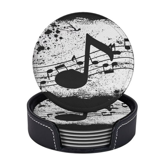 Music Note Coasters With Leather Holder Set Of 6 Round Coasters for Home and Kitchen Decor