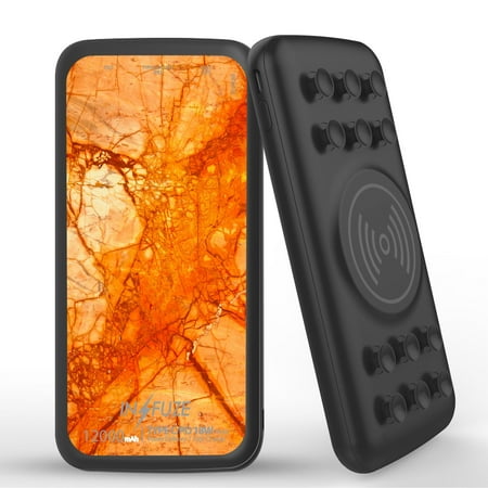 

INFUZE Qi Wireless Portable Charger for Google Pixel 5a External Battery (12000 mAh 18W Power Delivery USB-C/USB-A Quick Charge 3.0 Ports Suction Cups) with Touchless Tool - Amber Marble