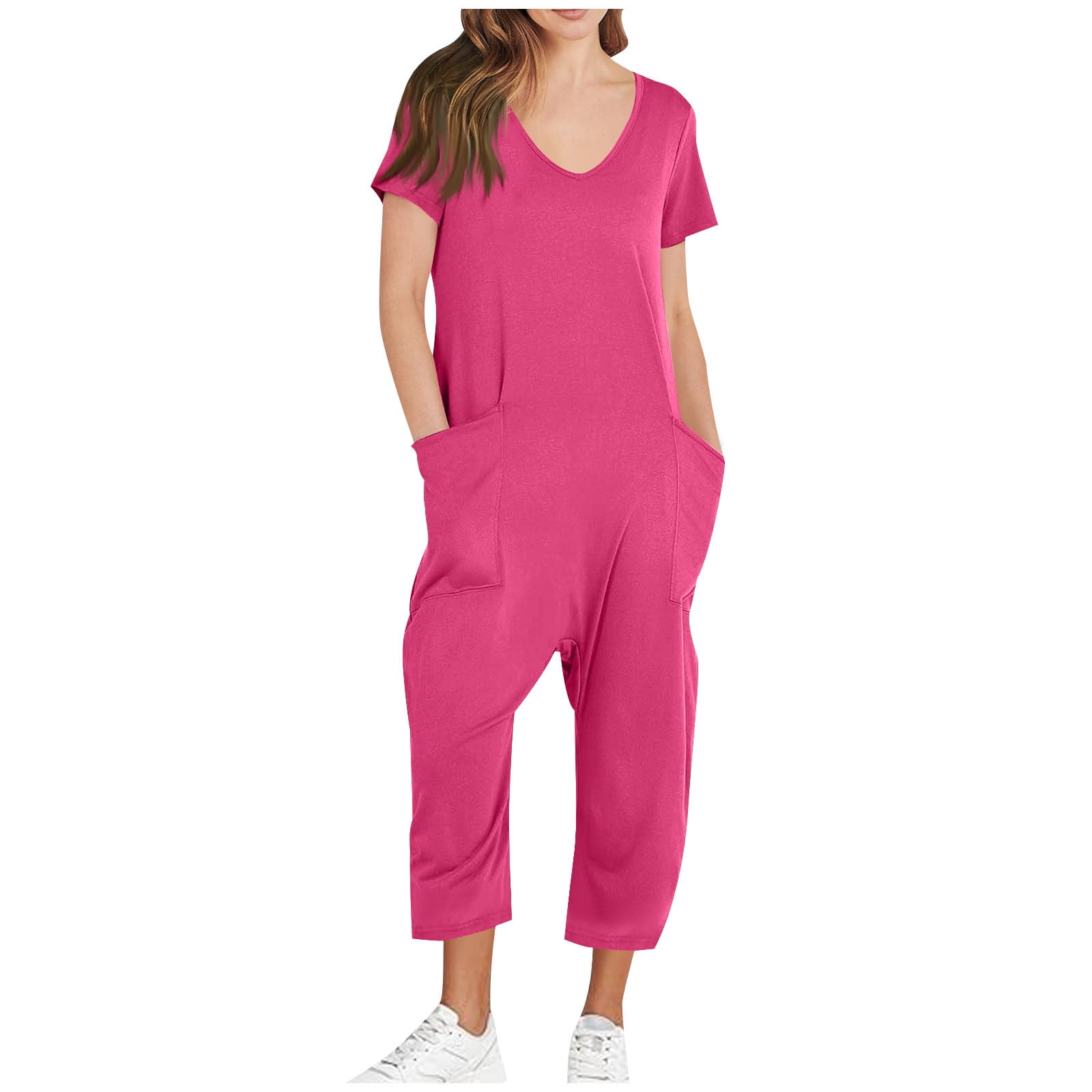 AGWOLF Adult Onesie Pajamas for Women Stretch V Neck Short Sleeve Jumpsuits Loose Fit Solid Ankle Length Pants Summer Rompers with Pockets Soft Sleepwear Homewear One Piece Hot Pink XXL