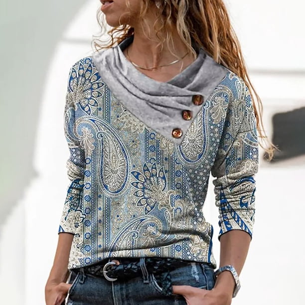Pntutb moda mujer cuello en V invierno botón impresión manga larga suéter tops blusa Pntutb Pntutb-7363