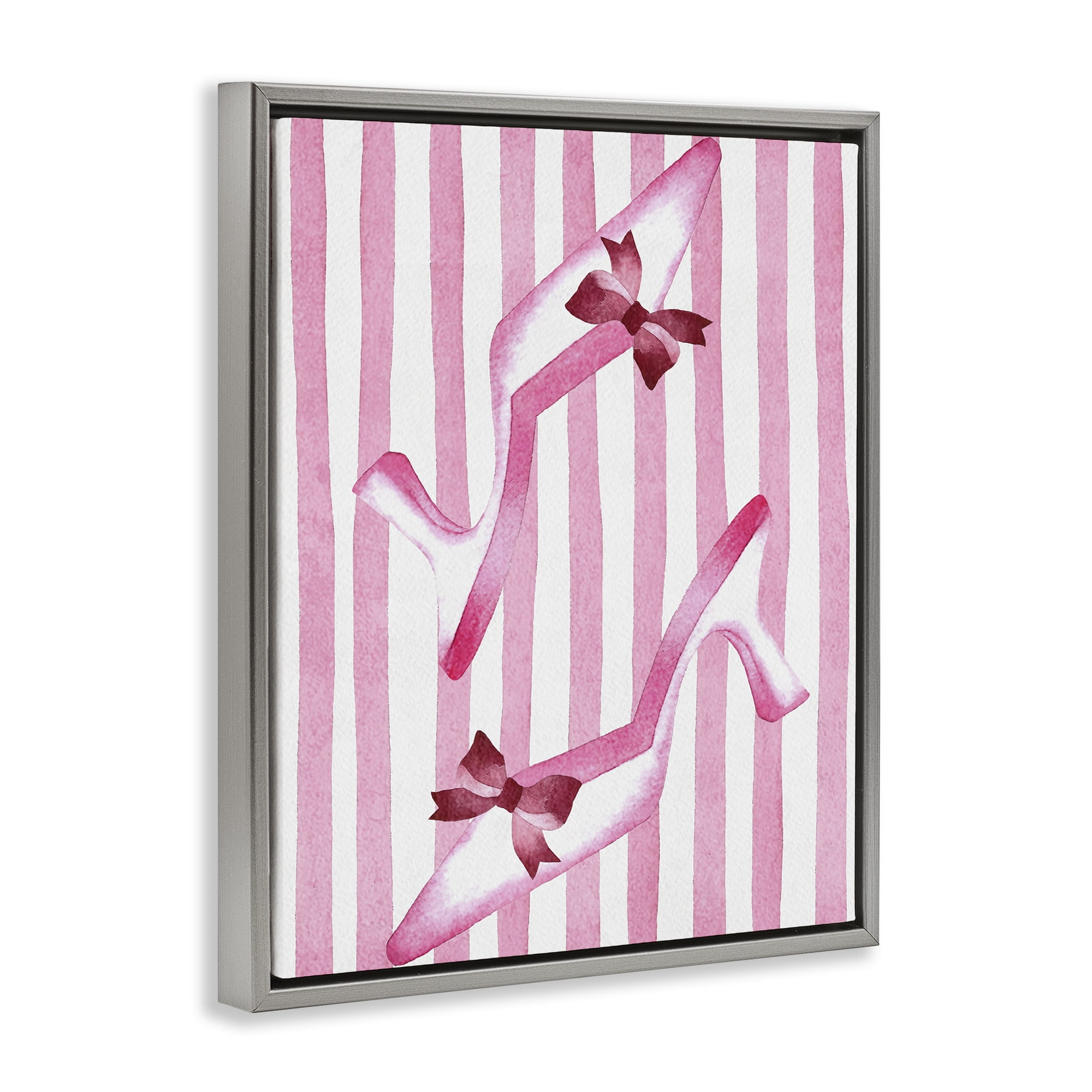 Stupell Industries Bow Heels on Pink Stripes Gray Framed Floater Canvas Wall Art, design by Camila Juncos