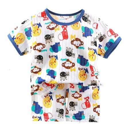 Vdoaml Toddlers Air Conditioned Suits Little Boys Short Sleeve Tee Shorts 2 Piece Set Kids Summer Home Wear 3-4 Years Blue