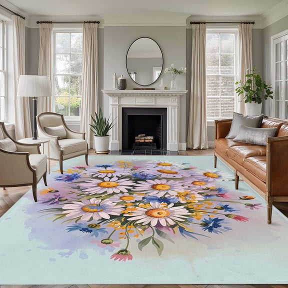 Watercolor Daisy Area Rugs 8'x10', Washable Small Throw Rugs for Living Room Patio, Rustic Spring Botanical Flowers Floral Indoor Outdoor Rug Non-Slip Low Pile Carpet Runner Reversible Floor Mats