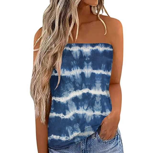 Gibobby Mujeres Pringting sin tirantes Bandeau Tank Casual sin mangas verano vacaciones suelta vacaciones Top camisa blusa mujeres Top(Azul,CH)