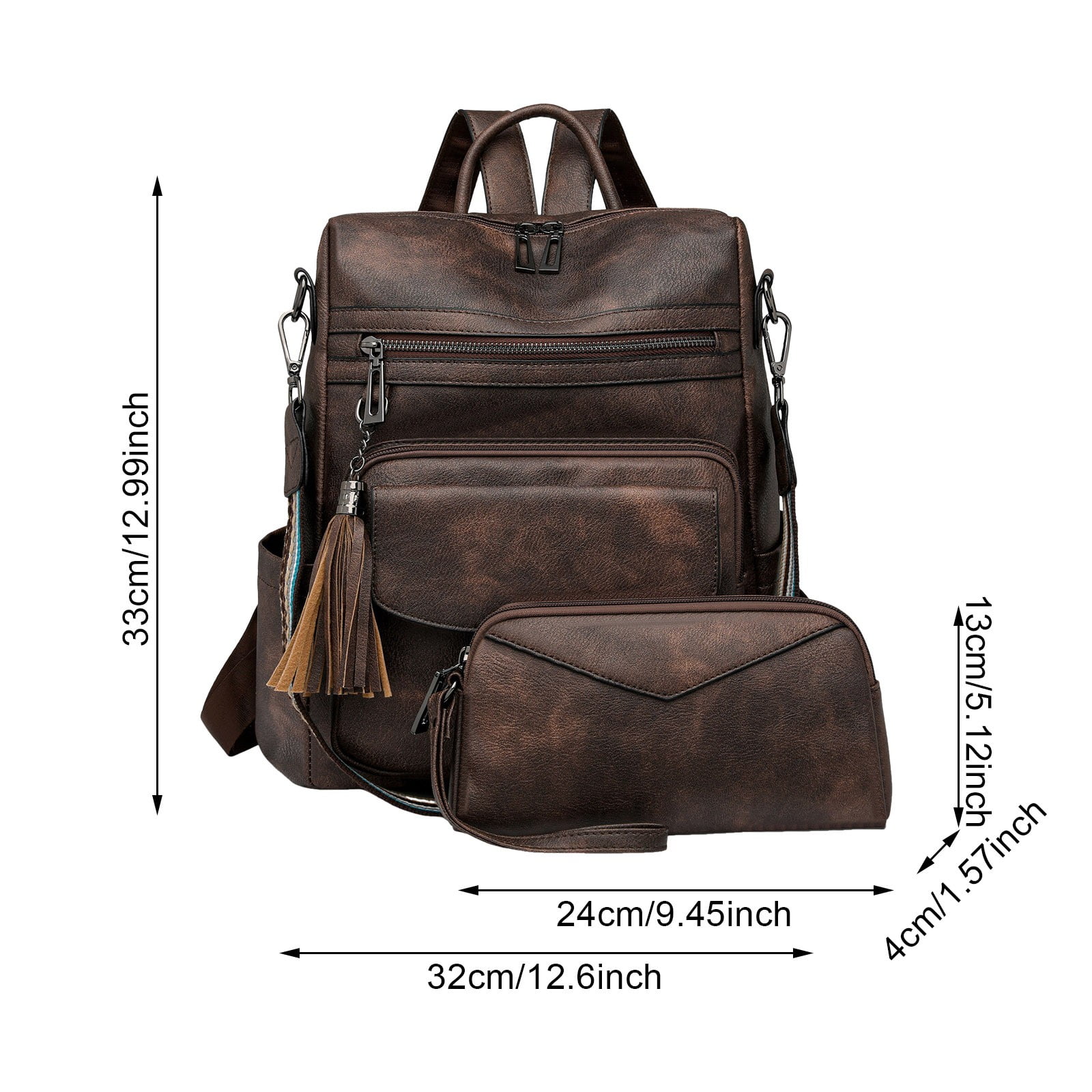Modstep 2pcs Women Leather Backpack and Wallet Retro Zipper Compartment Daypack Travel Lightwight Purse with Adjustable Strap Brown