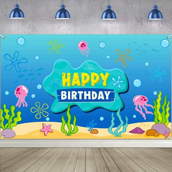 Under The Sea Happy Birthday Banner Backdrop Decoration, Cartoon Ocean Photo Banner Background Ocean Jellyfish Seaweed Wall Décor for Birthday Baby Shower Party Photography Decorations 5*3FT