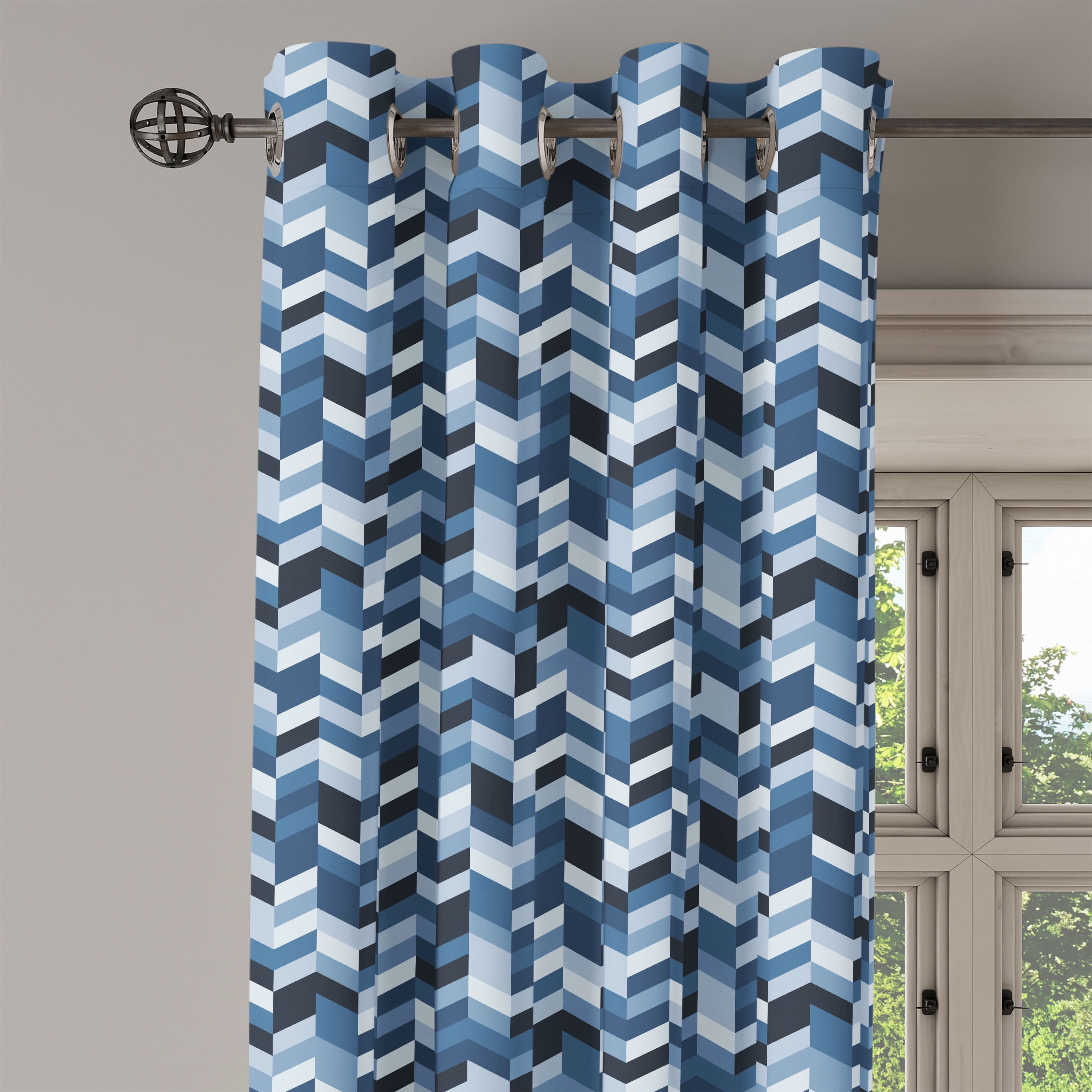 Navy Grommet Curtain, Soft Pastel Toned Modern Herringbone Pattern with