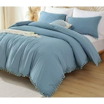Duvet Cover Set For Bedroom Pompom Boho Bedding Set Breathable Dusty Blue Quilt Cover 8Corner tie For Closure Zipper Bohemian Bedding Set
