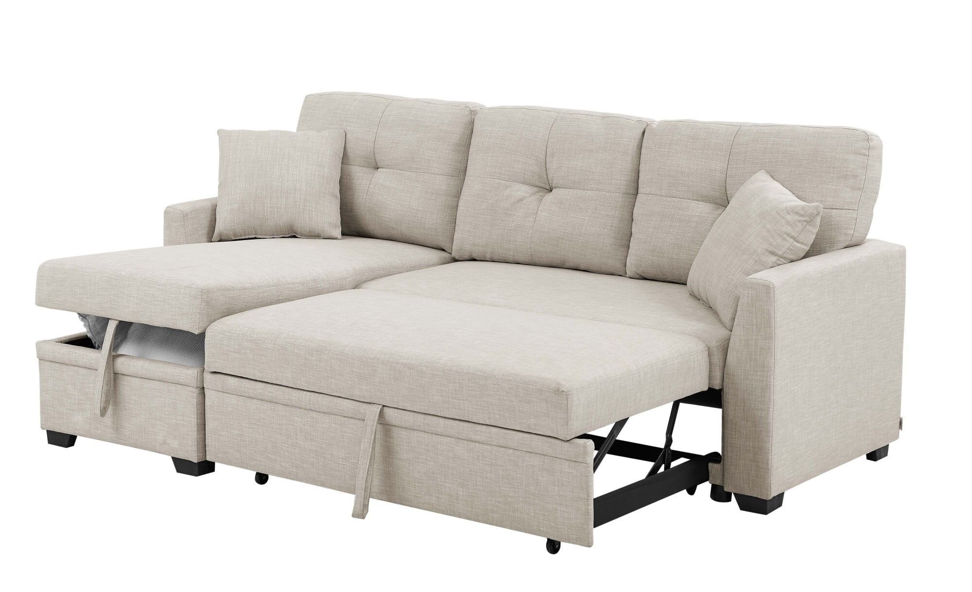 DEALTOPS L-Shaped Sectional Sofa Bed with Reversible Storage Chaise, Pull-Out Sleeper Couch for Living Room, Almond