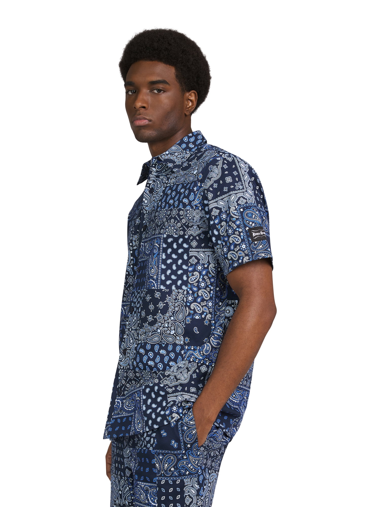 Dogg Supply by Snoop Dogg Men's & Big Men’s Cotton Stretch Paisley Print Patchwork Button-Down Short Sleeve Shirt, Sizes XS-3XL