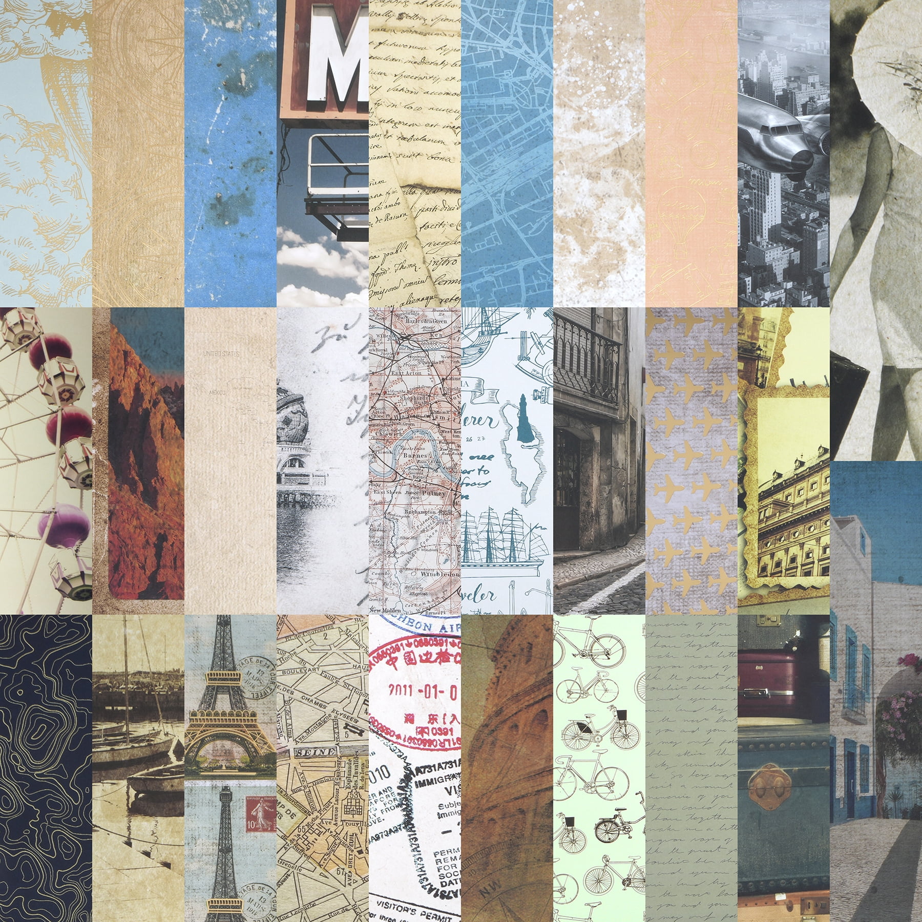 Recollections Vintage Travel Paper Pad, Wanderlust Themed Foil and Glitter Cardstock, Assorted Designs, 12" x 12", 6-Pack (348 Total Sheets)