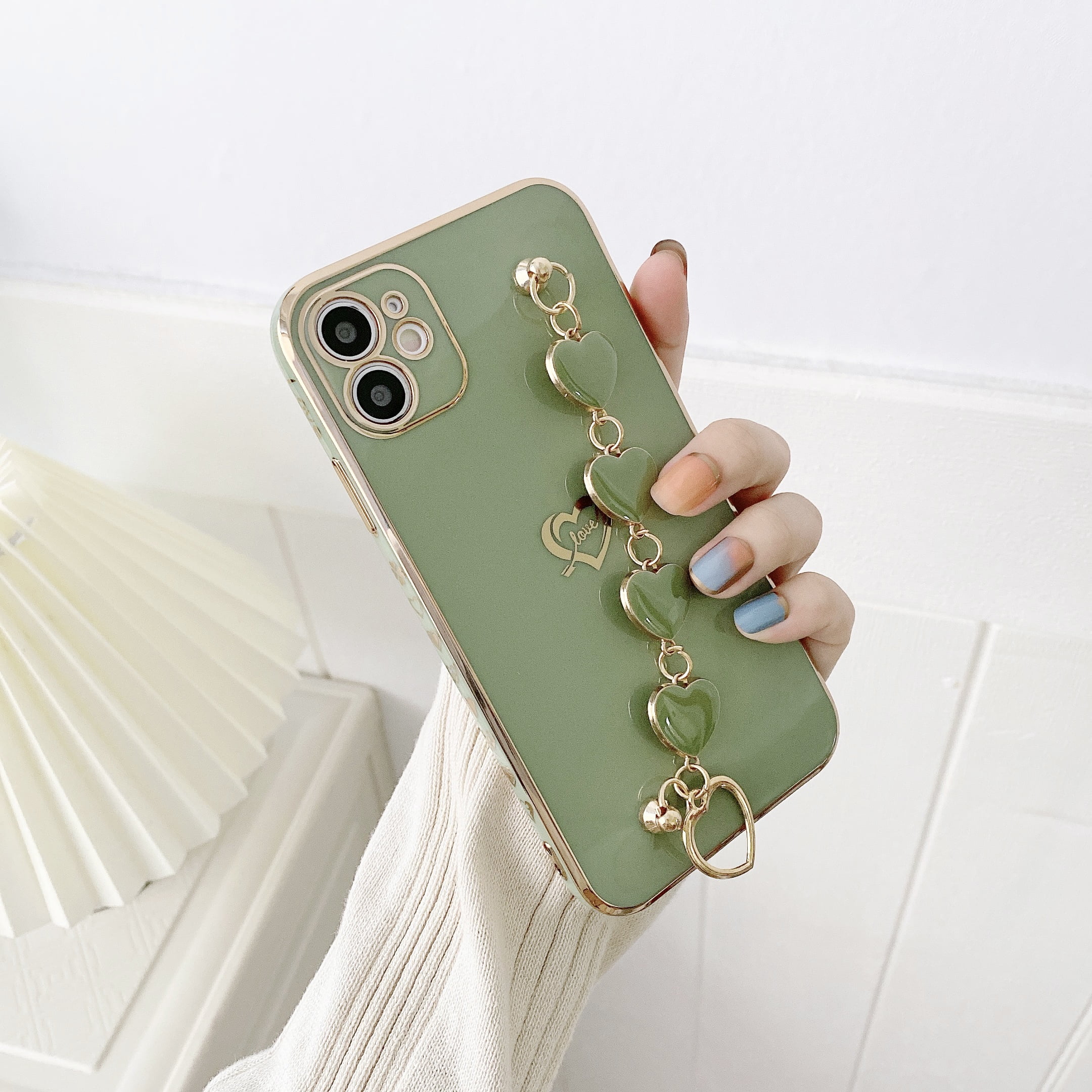 Dteck Luxury iPhone 13 Cute Case for Women,Sparkle Plating Heart Case with  Chain Strap Camera Lens Protective Girly Case For iPhone 13,Mint