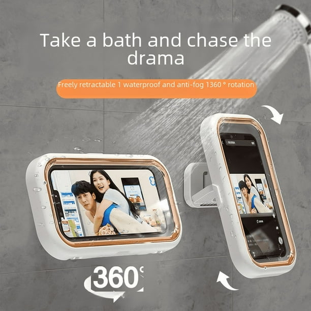 Caja impermeable retráctil para teléfono móvil de baño, pantalla táctil giratoria de 360 °, adhesiva, con dibujos animados, caja de almacenamiento para montaje en pared a prueba de mirones