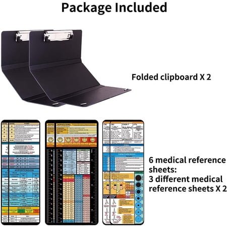 2Pack Foldable Nurse Clipboard - Black Plastic Medical Clipboard with Pocket Size & 6 Medical Cheat Sheets$$Office