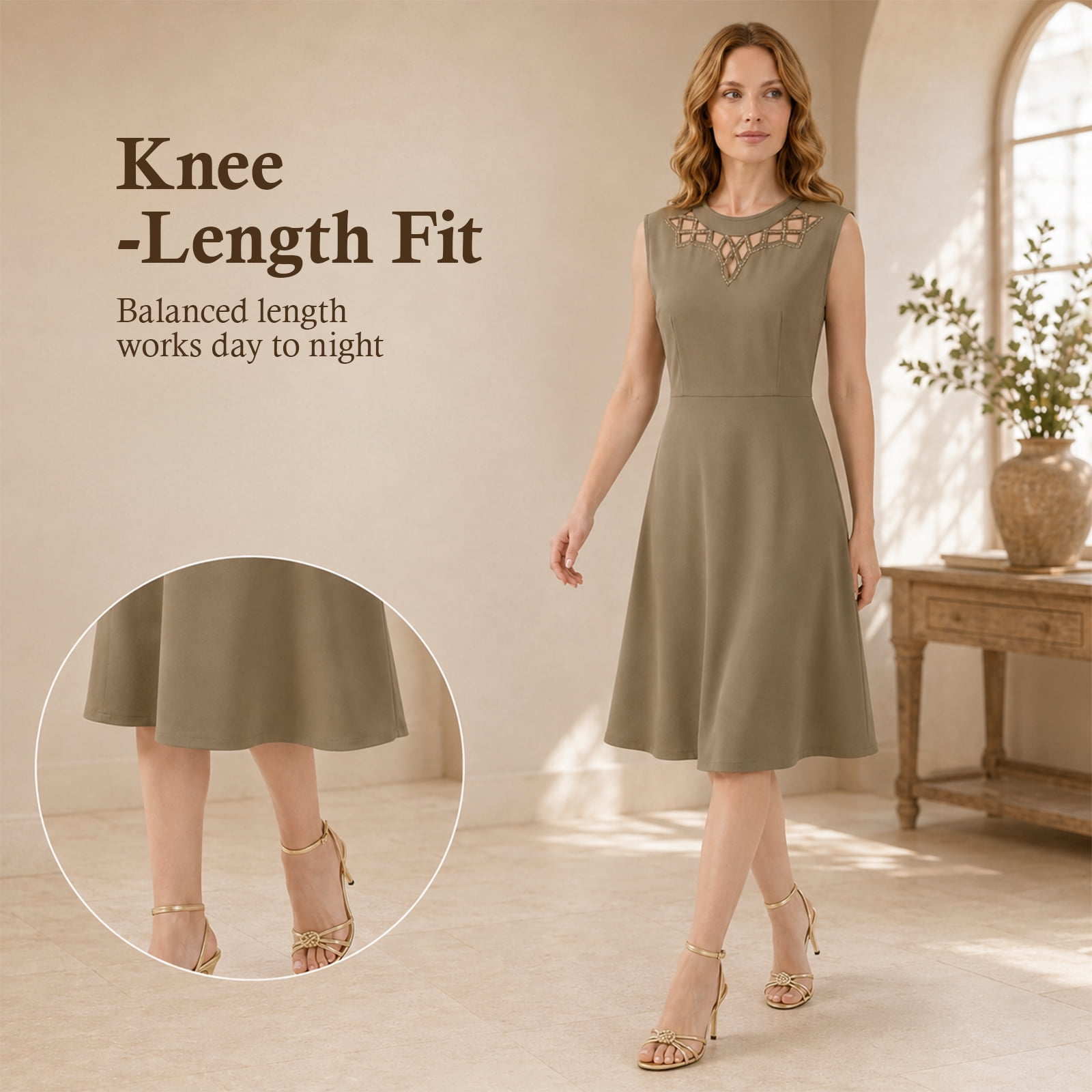 Alvantor Women's Sleeveless Lattice Neck A-Line Dress, Dust Olive