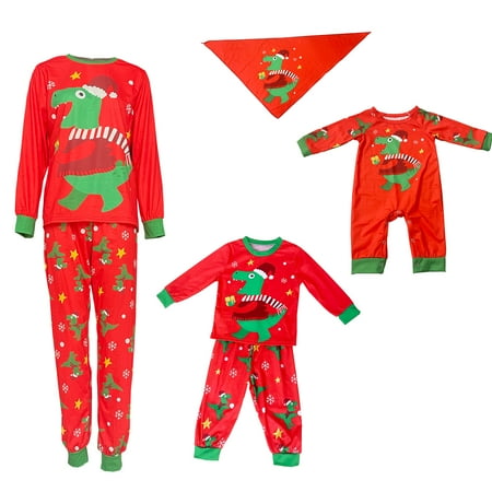 

QILINXUAN Parent-Child Christmas Nightclothes Long Sleeve Christmas Dinosaur Print Tops Trousers Suit / Romper / Pet Wear