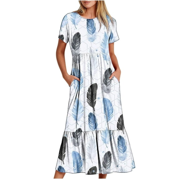 Penkiiy Women Feather Print Short Sleeve Dress Loose Plain Casual Summer Flowy Tiered Long Maxi Dresses with Pockets S White