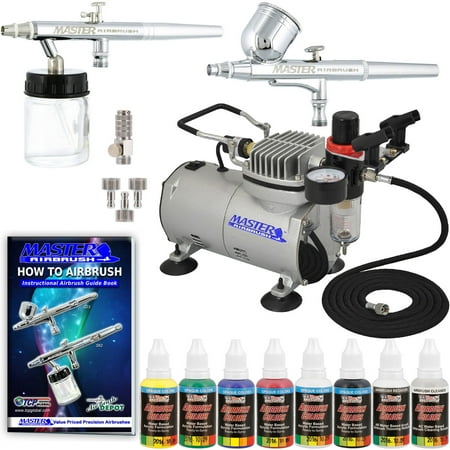 Airbrush Depot Kit - 2 AIRBRUSH SYSTEM KIT w/ 6 Primary Paint Color Set, Air Compressor Hobby
