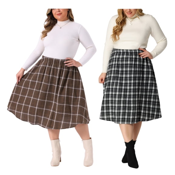 Agnes Orinda Women's Plus Size A Line Knee Length Flare Plaid Two Piece Skirts 1X Brown/Black