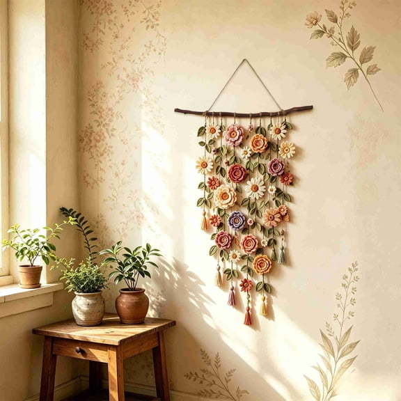 Crochet Flower Garden Wall Hanging, Handmade Crochet Flower Wall Decor, Bohemian Macrame Floral Decor, Cotton Cascading Flowers Art for Farmhouse Bedroom Living Room (1PCS, A )