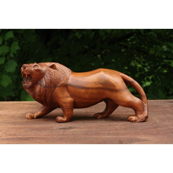 12" Wooden Hand Carved Lion Statue Figurine Sculpture Art Decorative Home Decor Accent Rustic Lodge Handmade Handcrafted Decoration