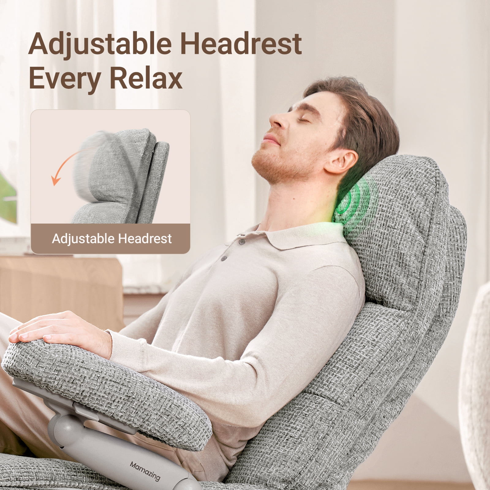 MAMAZING Nursery Chair Silent Rocking Ergonomic Removable Swivel Glider Recliner, Adjustable Armrests & Headrest, Gray