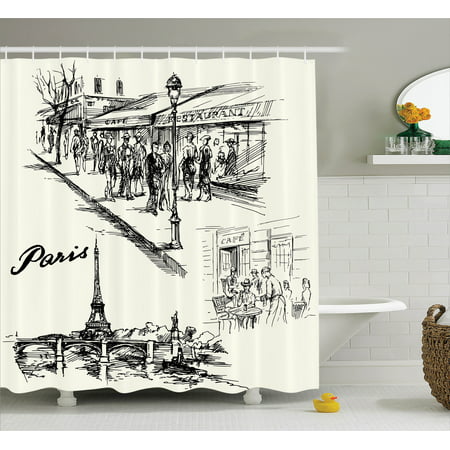 Eiffel Tower Decor Shower Curtain Set, Paris Sketch Style Cafe Restaurant Landmark Canal Boat Streetlamp Retro Art Print, Bathroom Accessories, 69W X 70L Inches, By