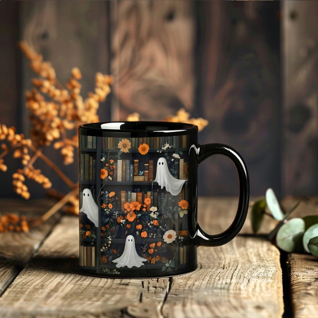 Seyotauo Spooky Ghost Coffee Cup Holiday Gift Mug Ceramic Beverage Cup 10-13.5 Oz Festive Ghost Pattern Mug For Festival Celebrations, Daily Coffee Tea Drinks, Unique Gift For Friends Family