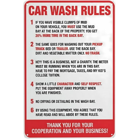 Car Wash Rules Warning Sign, 8"x12" Vintage Metal Wall Decor, Decorative Sign for Home Farm Bar Coffee Shop Club, Functional Decor Sign