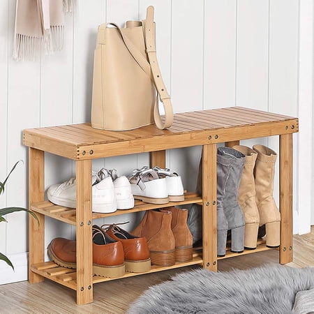 Zimtown 2-in-1 Shoe Storage Bench, 3-Tier Entryway Bench Organizer for Hallway Closet Living Room Bathroom, Natural Color