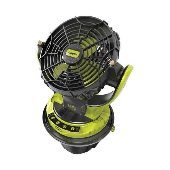 Ventilateur portable à brumisation Sun Joe 24V 3 vitesses – Ventilateur rotatif universel pour seau avec batterie 2,0 Ah, seau et tuyau pour le refroidissement extérieur