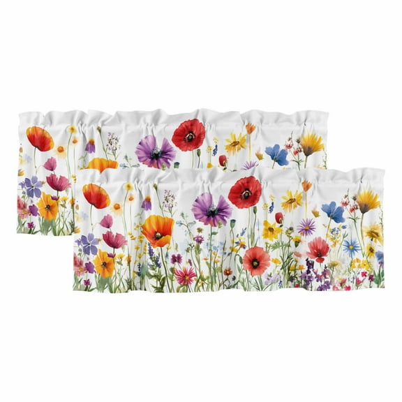 2 Pack Pastoral Flowers Valance for Window Colorful Plants Floral Leaves Watercolor Kitchen Valance Rod Pocket Short Curtain Topper Decorative Window Treatment for Living Room Bedroom 60"x18"
